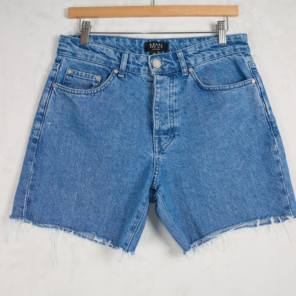boohooMAN Mens Blue Denim Raw Hem Button Fly Jean Shorts Size 30